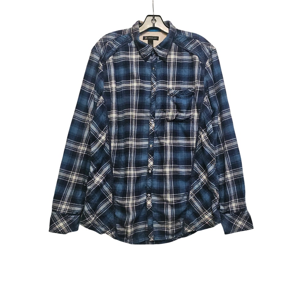 INC International Concepts Mens Large Blue Plaid Western Snap Button Shirt JT4